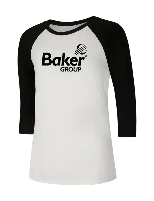Womens Simply Soft 3/4 Sleeve Black/White Ring Spun Cotton T-Shirt w/Baker Group Logo
