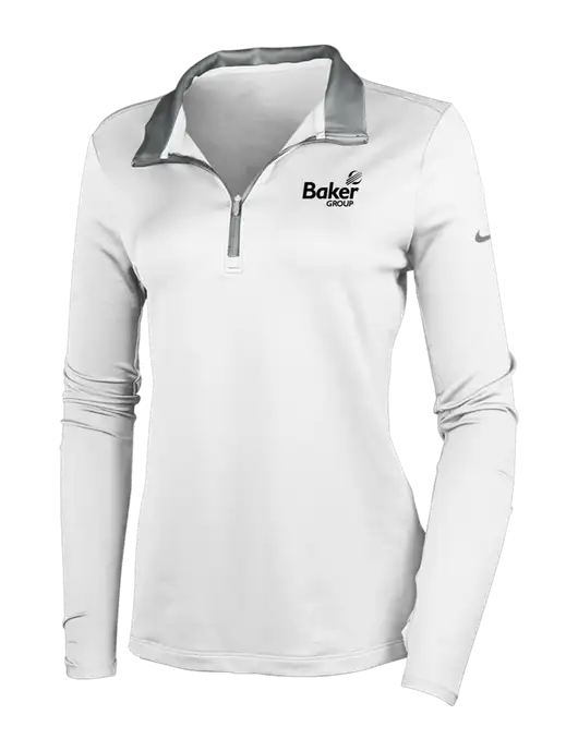 NIKE White/Dark Grey Womens Dry-Fit Stretch 1/2 Zip Cover-Up w/Baker Group Logo