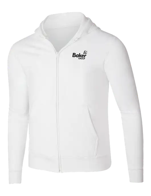 White 8.5 oz Ring Spun Zip Hooded Sweatshirt w/Baker Group Logo