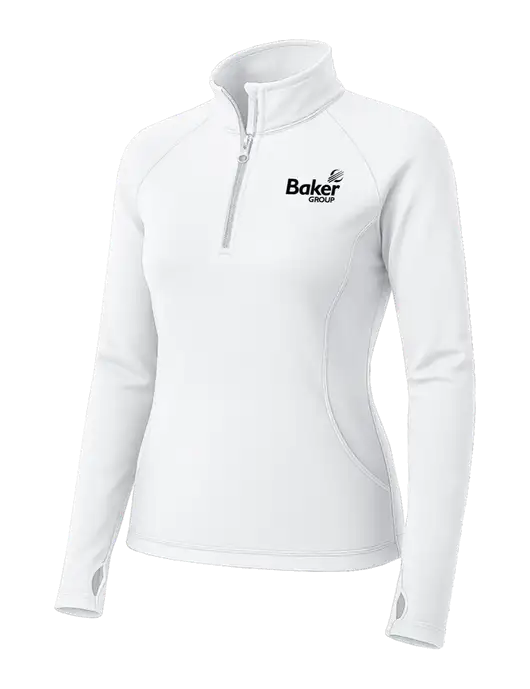 White Womens Sport Wick Stretch 1/4 Zip Pullover w/Baker Group Logo