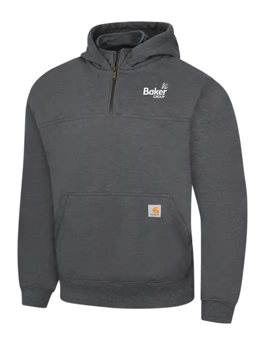 Carhartt Dark Grey Heather Rain Defender Paxton Heavyweight Hooded 1/4 Zip Mock Sweatshirt w/Baker Group Logo