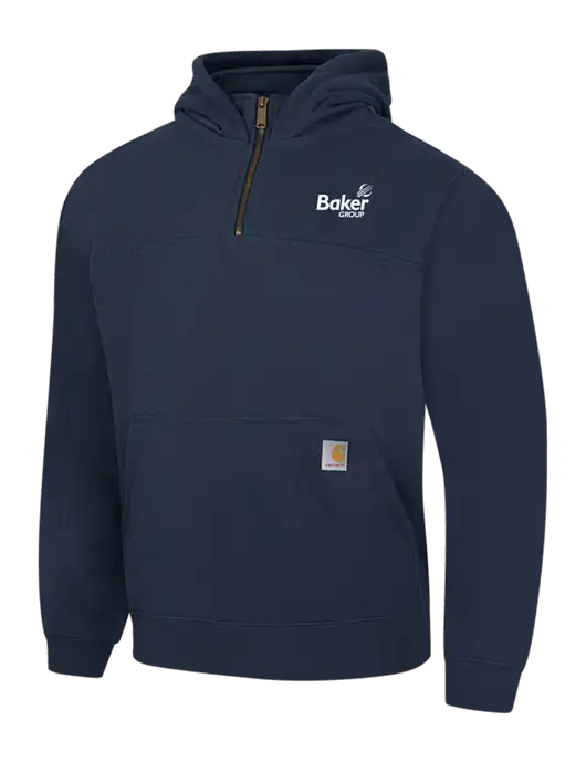 Carhartt Navy Rain Defender Paxton Heavyweight Hooded 1/4 Zip Mock Sweatshirt w/Baker Group Logo