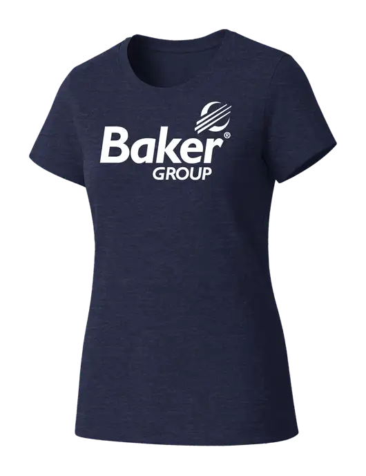 Womens Seriously Soft Heathered Navy T-Shirt w/Baker Group Logo