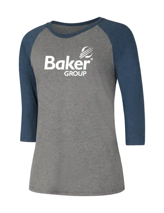 Womens Simply Soft 3/4 Sleeve Navy Frost/Grey Frost Ring Spun Cotton T-Shirt w/Baker Group Logo