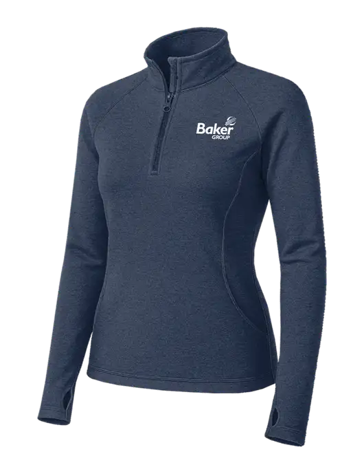 Navy Heather Womens Sport Wick Stretch 1/4 Zip Pullover w/Baker Group Logo