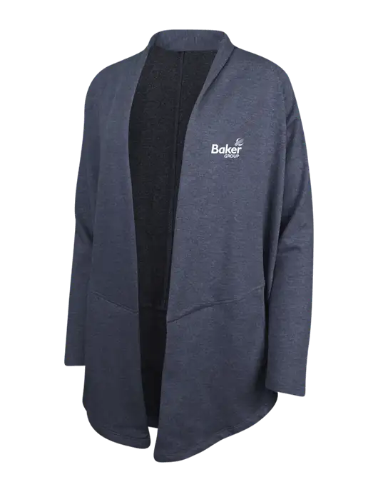 Estate Blue Heather/Charcoal Heather Womens Interlock Cardigan w/Baker Group Logo