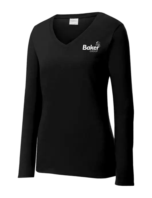 Womens V-Neck Ring Spun Jet Black 4.5 oz Long Sleeve T-Shirt w/Baker Group Logo