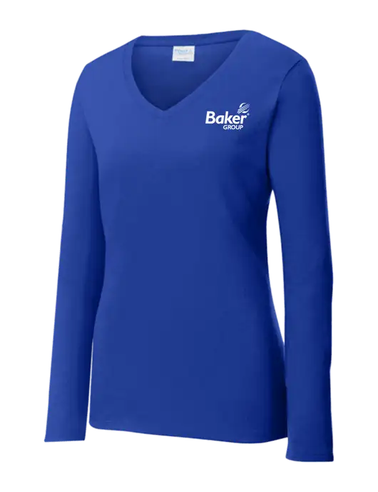Womens  V-Neck Ring Spun Royal 4.5 oz Long Sleeve T-Shirt w/Baker Group Logo