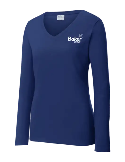 Womens  V-Neck Ring Spun Navy 4.5 oz Long Sleeve T-Shirt w/Baker Group Logo