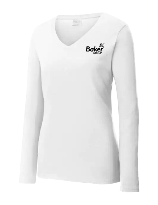 Womens  V-Neck Ring Spun White 4.5 oz Long Sleeve T-Shirt w/Baker Group Logo