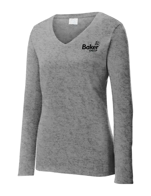 Womens  V-Neck Ring Spun Grey Heather 4.5 oz Long Sleeve T-Shirt w/Baker Group Logo