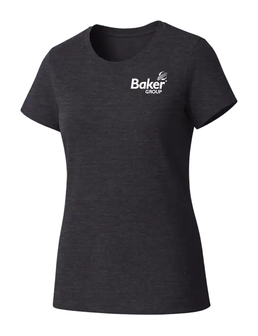 Womens Seriously Soft Heathered Charcoal T-Shirt w/Baker Group Logo