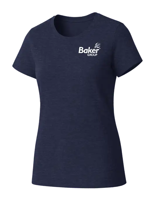 Womens Seriously Soft Heathered Navy T-Shirt w/Baker Group Logo