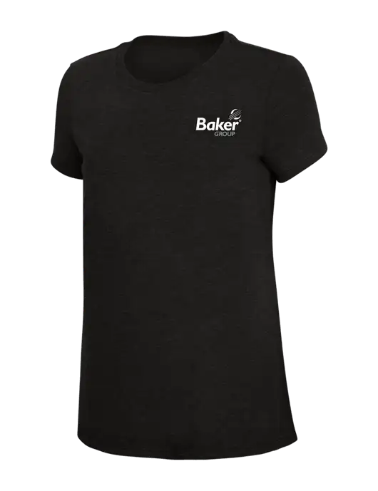 Womens Simply Soft Black 4.5oz Poly/Combed Ring Spun Cotton T-Shirt w/Baker Group Logo