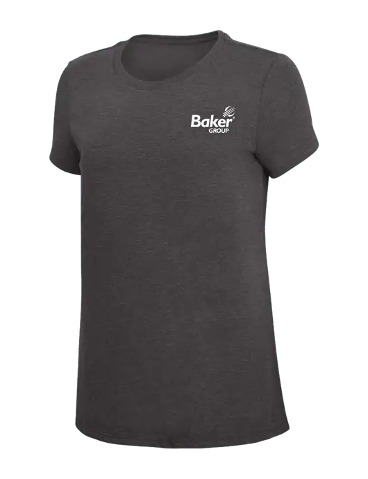 Womens Simply Soft Heather Charcoal 4.5oz  Poly/Combed Ring Spun Cotton T-Shirt w/Baker Group Logo