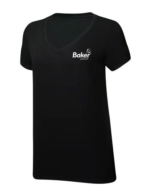 Womens Simply Soft V-Neck Black 4.5oz  Poly/Combed Ring Spun Cotton T-Shirt w/Baker Group Logo