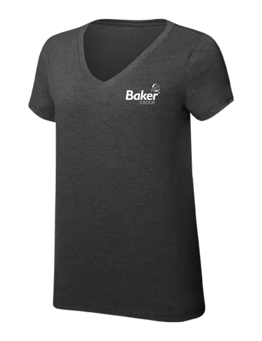 Womens Simply Soft V-Neck Black Frost 4.5oz  Poly/Combed Ring Spun Cotton T-Shirt w/Baker Group Logo