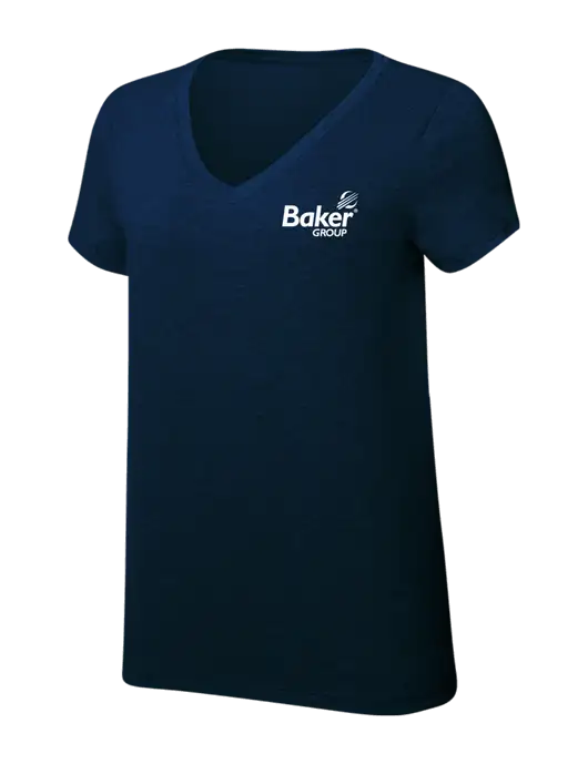 Womens Simply Soft V-Neck New Navy 4.5oz  Poly/Combed Ring Spun Cotton T-Shirt w/Baker Group Logo