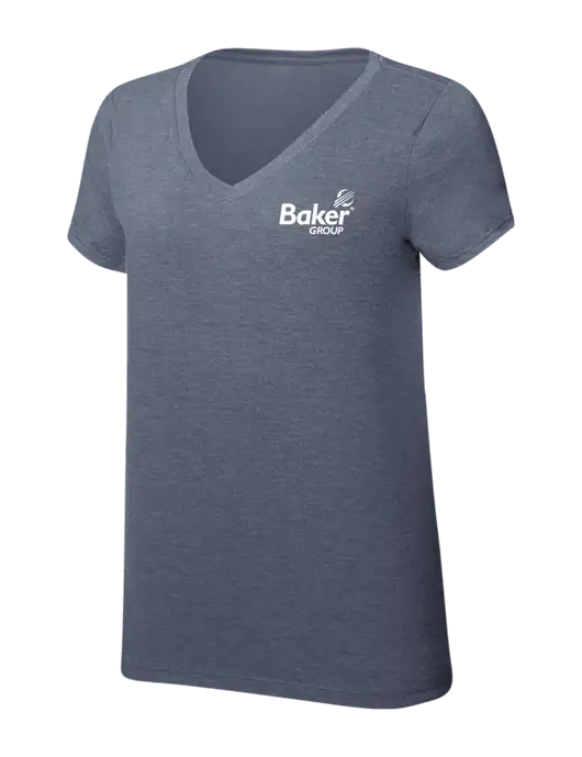 Womens Simply Soft V-Neck Navy Frost 4.5oz  Poly/Combed Ring Spun Cotton T-Shirt w/Baker Group Logo