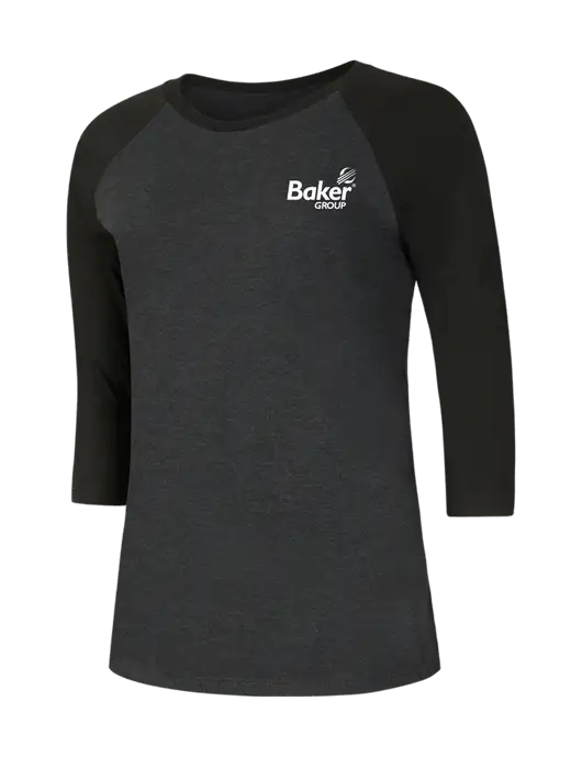 Womens Simply Soft 3/4 Sleeve Black/Black Frost Ring Spun Cotton T-Shirt w/Baker Group Logo
