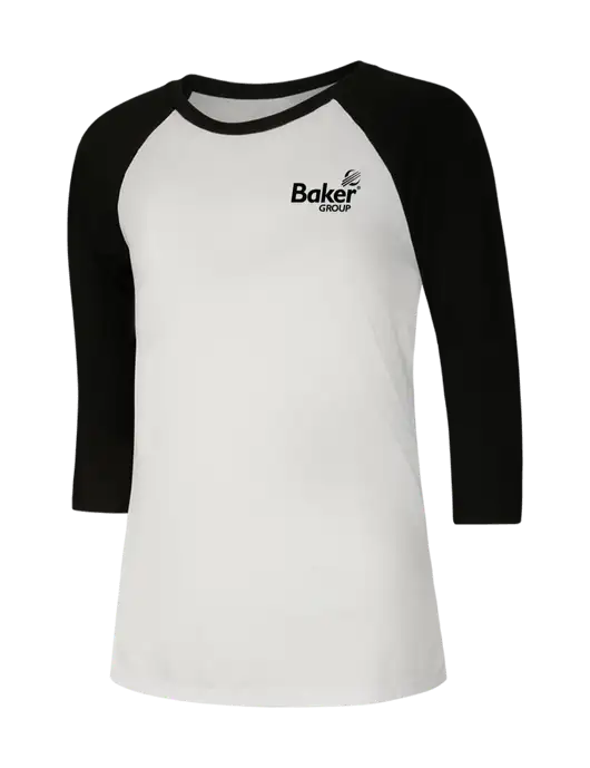 Womens Simply Soft 3/4 Sleeve Black/White Ring Spun Cotton T-Shirt w/Baker Group Logo