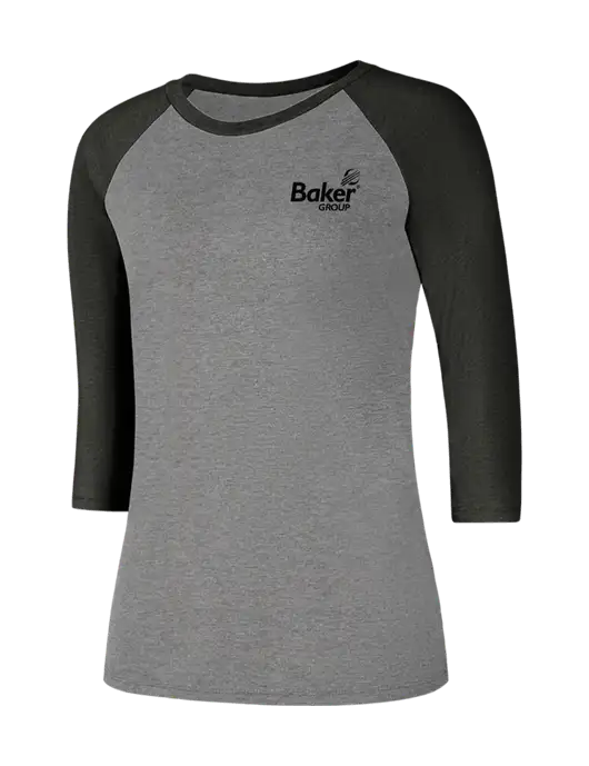 Womens Simply Soft 3/4 Sleeve Black Frost/Grey Frost Ring Spun Cotton T-Shirt w/Baker Group Logo