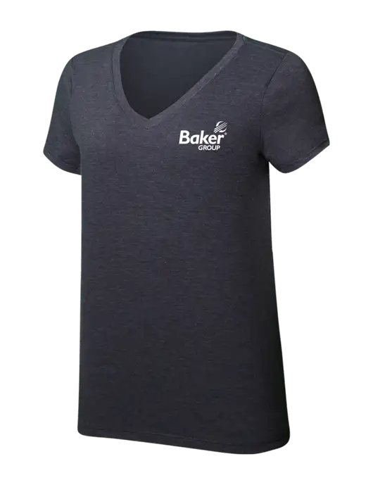 Womens Simply Soft V-Neck Heather Charcoal 4.5oz  Poly/Combed Ring Spun Cotton T-Shirt w/Baker Group Logo