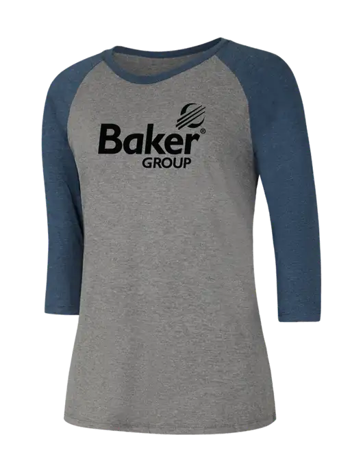 Womens Simply Soft 3/4 Sleeve Navy Frost/Grey Frost Ring Spun Cotton T-Shirt w/Baker Group Logo