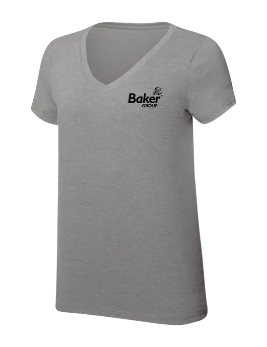 Womens Simply Soft V-Neck Grey Frost 4.5oz  Poly/Combed Ring Spun Cotton T-Shirt w/Baker Group Logo