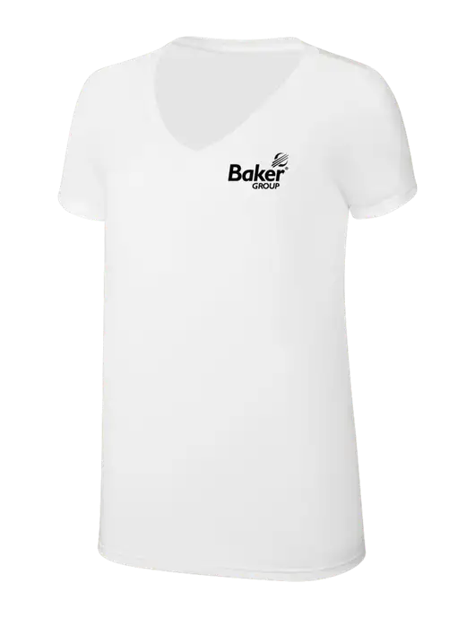 Womens Simply Soft V-Neck White 4.5oz  Poly/Combed Ring Spun Cotton T-Shirt w/Baker Group Logo