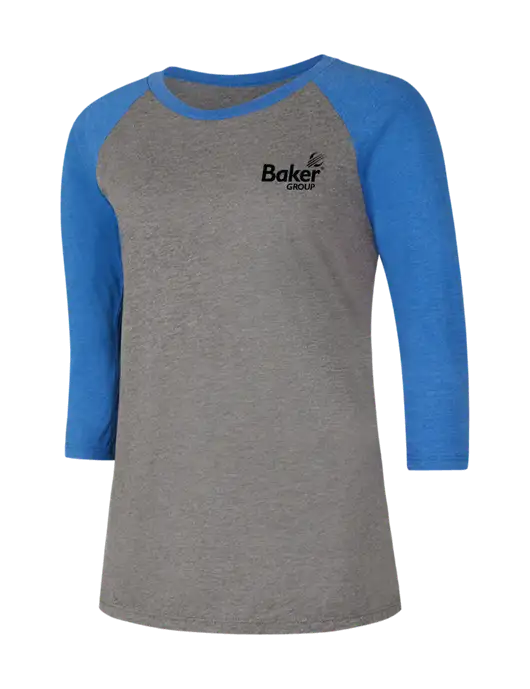 Womens Simply Soft 3/4 Sleeve Royal Frost/Grey Ring Spun Cotton T-Shirt w/Baker Group Logo