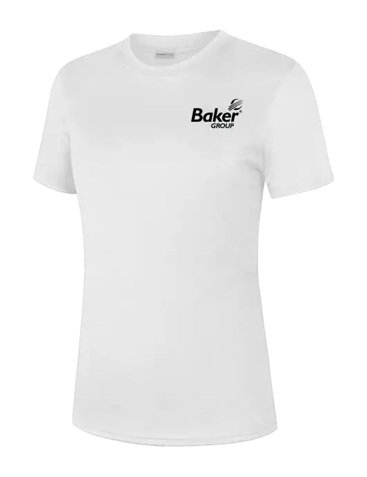  Womens White PosiCharge Competitor Tee w/Baker Group Logo