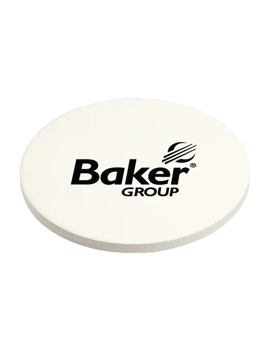 Absorbent White Coaster with Cork Base w/Baker Group Logo