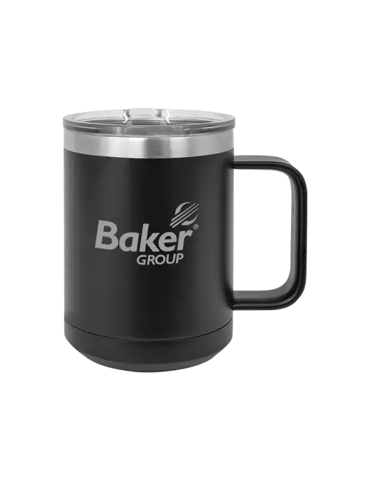 Polar Camel 15 oz Powder Coated Black Vacuum Insulated Mug with Slider Lid w/Baker Group Logo
