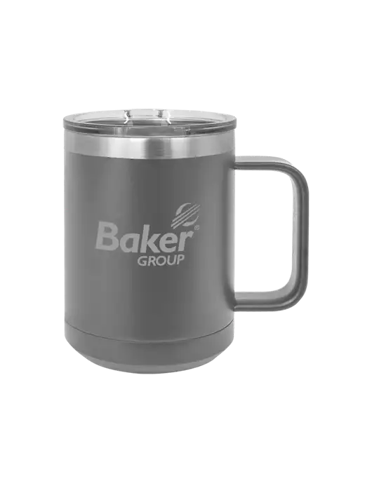 Polar Camel 15 oz Powder Coated Grey Vacuum Insulated Mug with Slider Lid w/Baker Group Logo