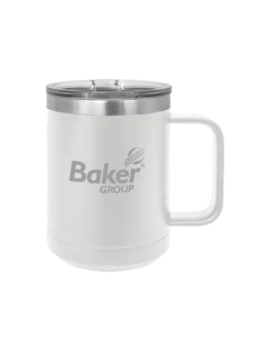Polar Camel 15 oz Powder Coated White Vacuum Insulated Mug with Slider Lid w/Baker Group Logo