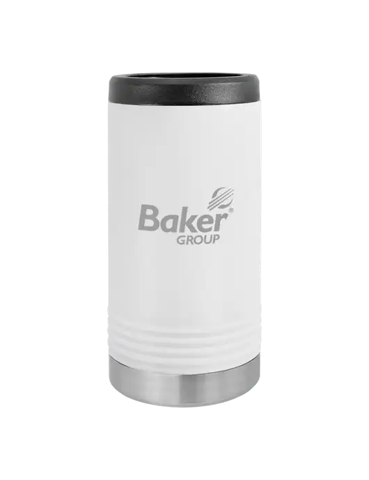 Polar Camel Powder Coated White Vacuum Insulated Slim Beverage Holder w/Baker Group Logo