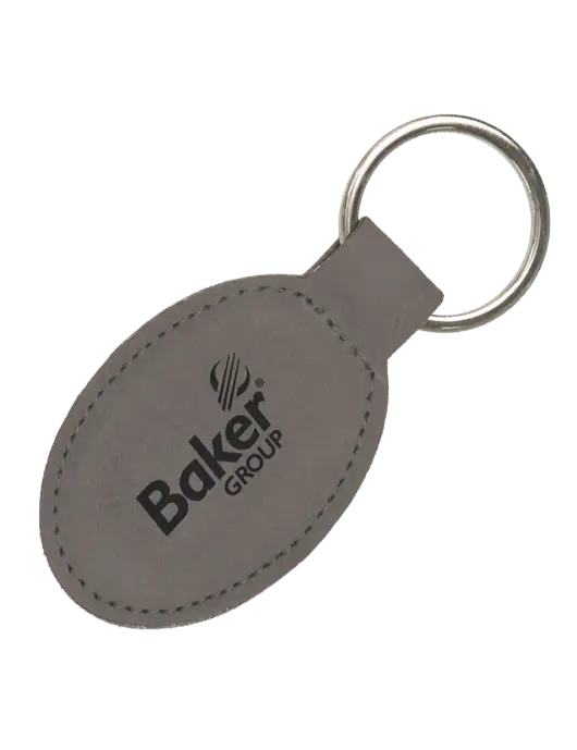 Grey Leatherette Oval Keychain w/Baker Group Logo