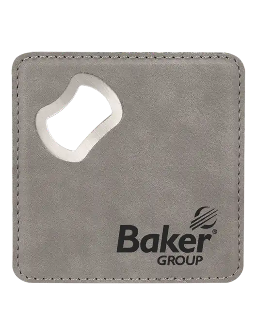 Grey Leatherette Coaster with Bottle Opener w/Baker Group Logo