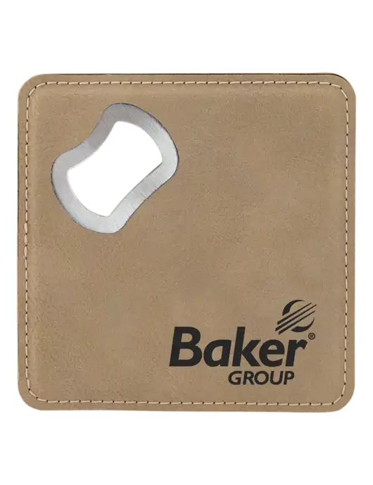 Tan Leatherette Bottle Opener Coaster w/Baker Group Logo
