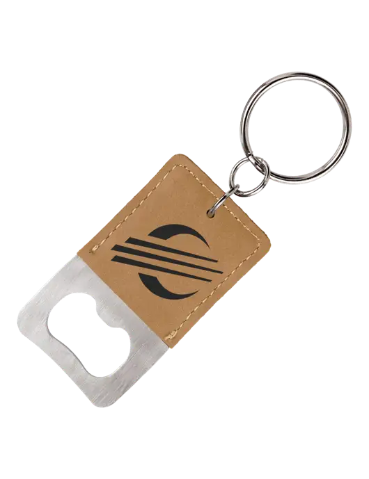 Tan Leatherette Rectangle Bottle Opener Keychain w/Baker Group Icon Logo