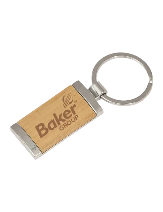 Wood & Silver Rectangle Keychain w/Baker Group Logo