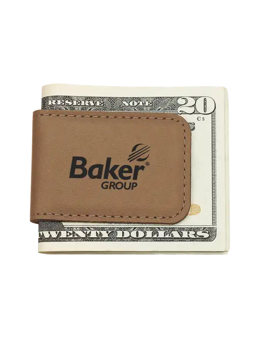 Tan Leatherette Money Clip w/Baker Group Logo