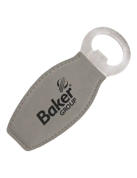 Grey Leatherette Bottle Opener with Magnet w/Baker Group Logo
