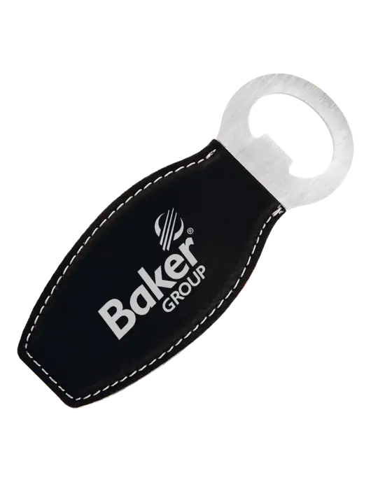 Black Leatherette Bottle Opener with Magnet w/Baker Group Logo