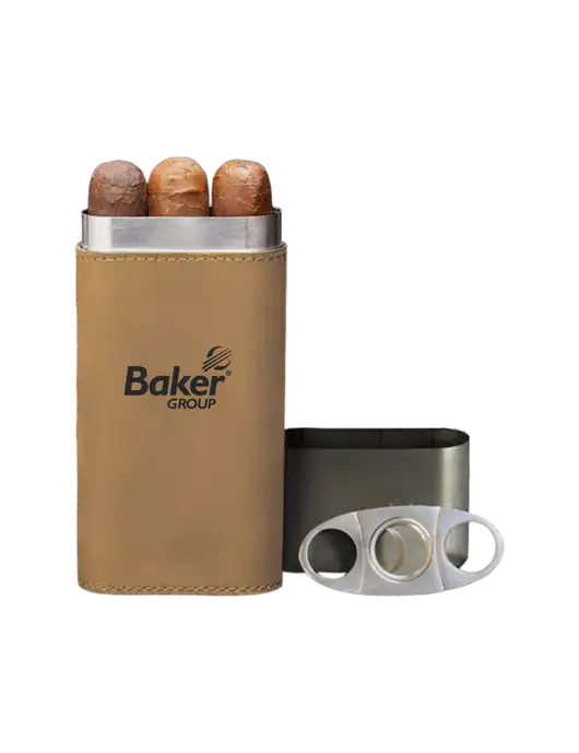 Tan Leatherette Cigar Case with Cutter w/Baker Group Logo