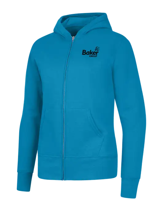 Neon Blue Womens Core Fleece Full-Zip Hooded Sweatshirt w/Baker Group Logo