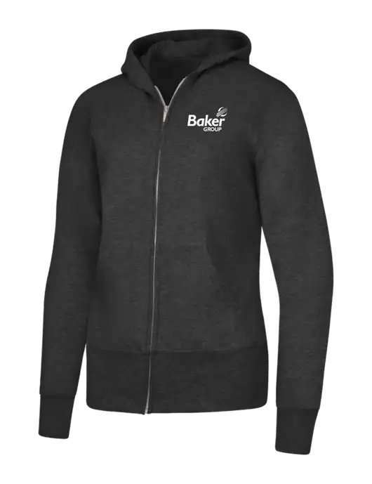 Dark Heather Grey Womens Core Fleece Full-Zip Hooded Sweatshirt w/Baker Group Logo
