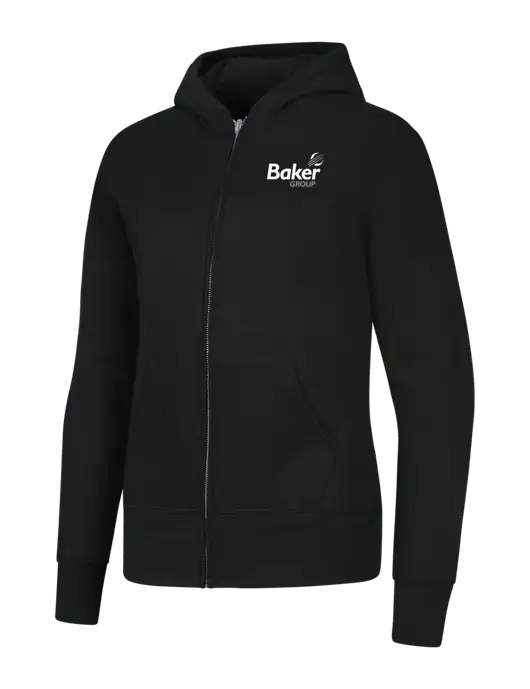 Jet Black Womens Core Fleece Full-Zip Hooded Sweatshirt w/Baker Group Logo