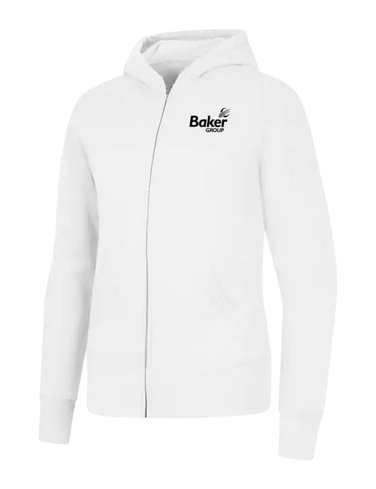 White Womens Core Fleece Full-Zip Hooded Sweatshirt w/Baker Group Logo
